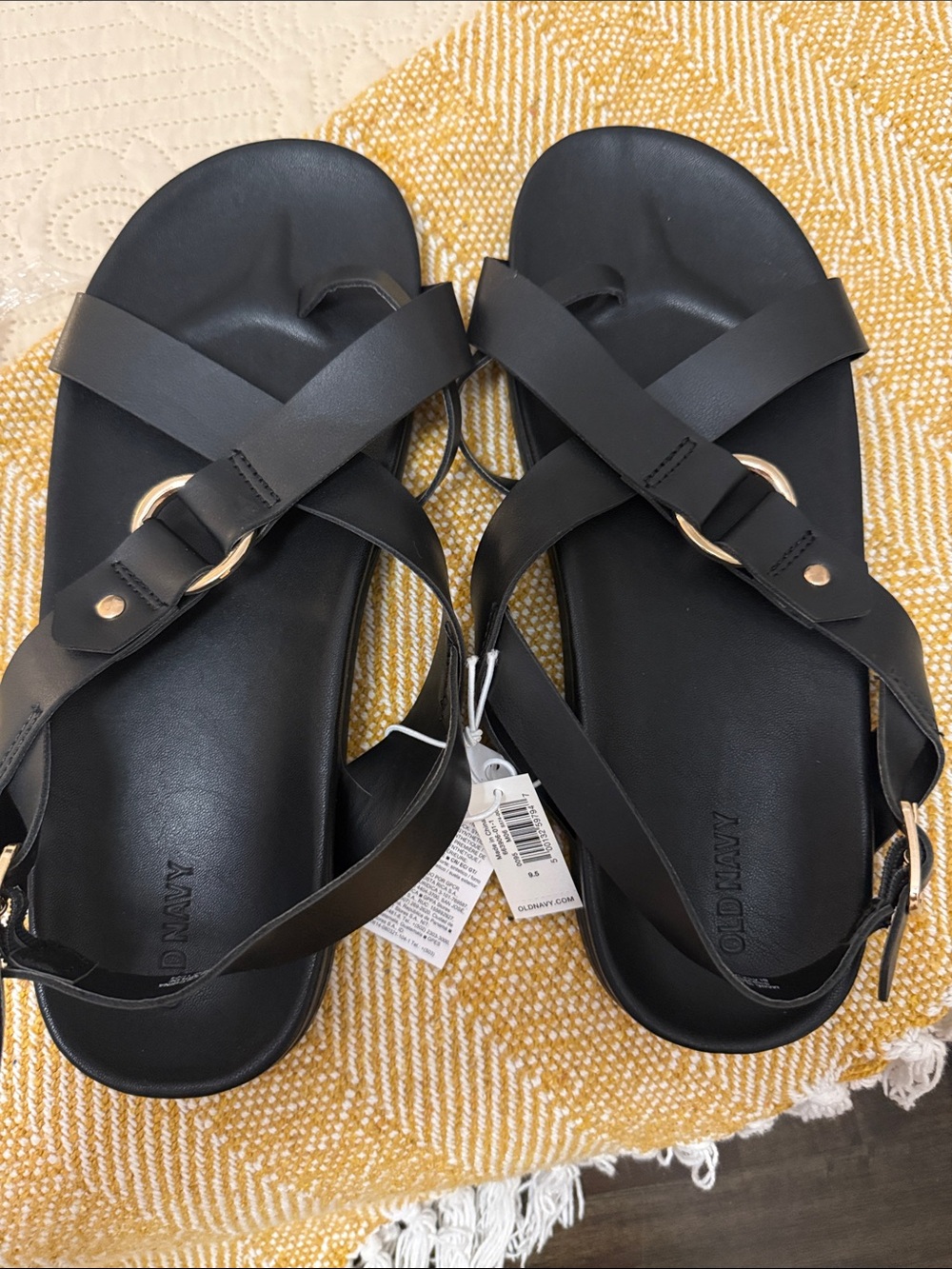 Old Navy Black Strappy Sandals with Gold Ring Detail